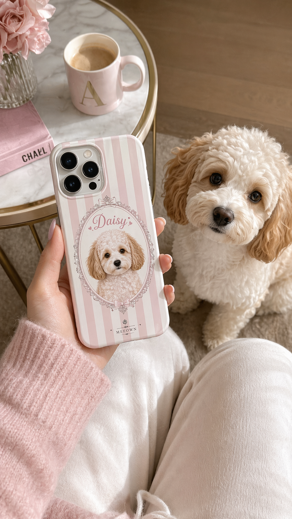 Daisy Pink Stripe Pet Portrait Phone Case - Lifestyle
